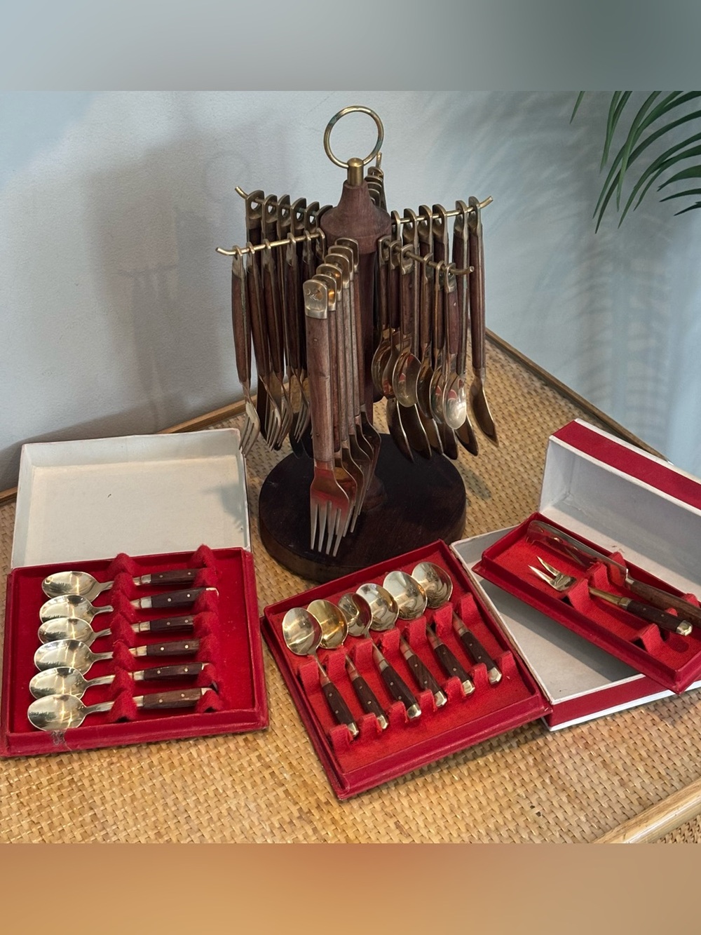 Vintage 50 piece rosewood and brass cutlery set with stand..gorgeous!!